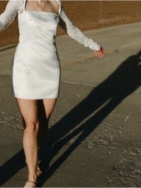 Classic White Satin Slip Dress with Lace Sleeves